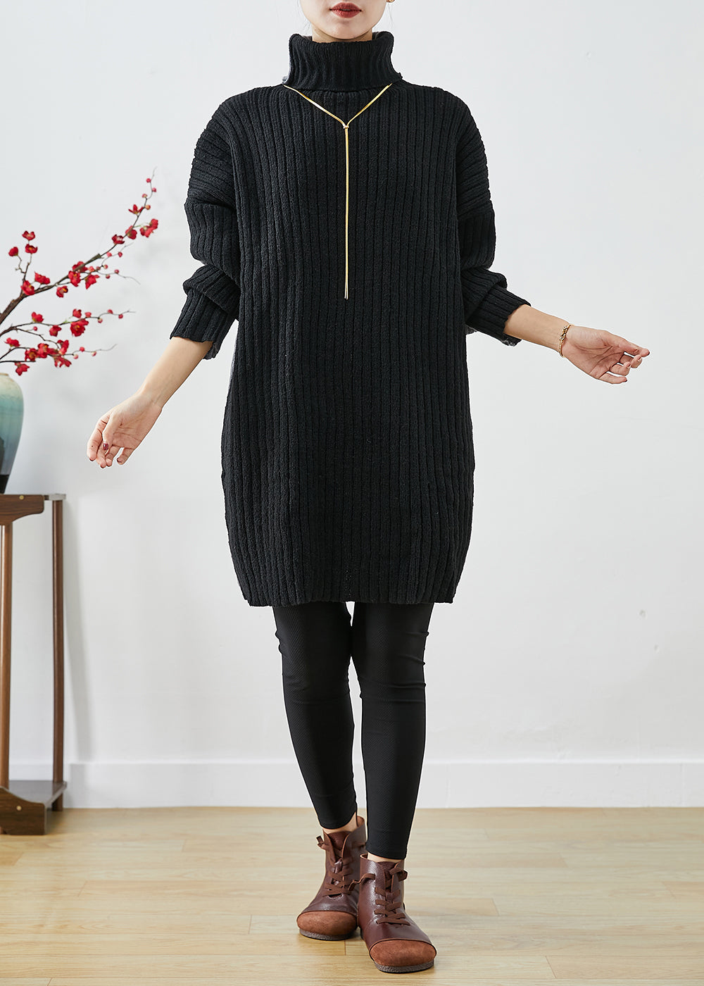 Italian Black Grey Turtle Neck Patchwork Knit Wear on Both Sides Sweater Dress Winter