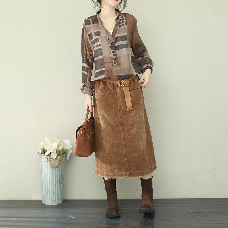 French V Neck Chiffon Shirts Photography Brown Plaid Box Shirt