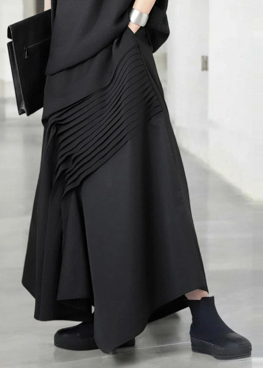 Black Asymmetrical Wrinkled Cotton Skirt Fall