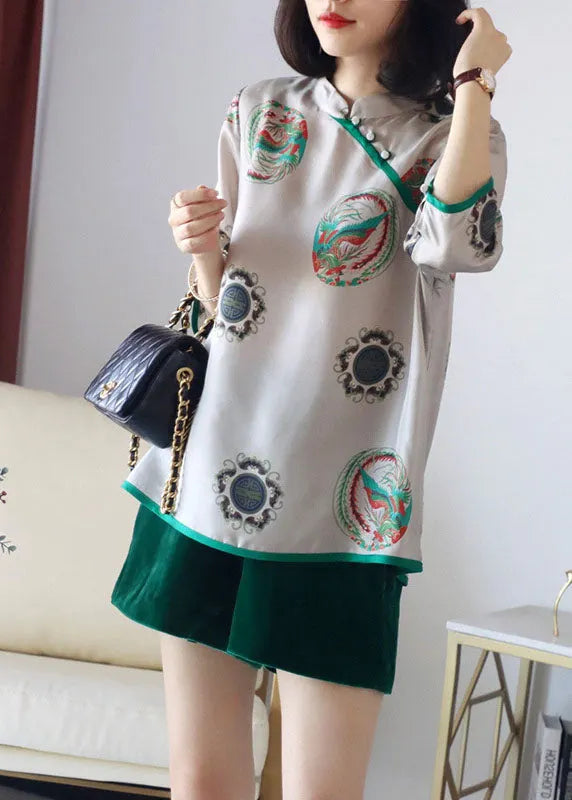 Grey Stand Collar Button Print Patchwork Silk Blouses Spring