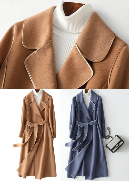 Camel Notched Tie Waist Woolen Long Coats Fall