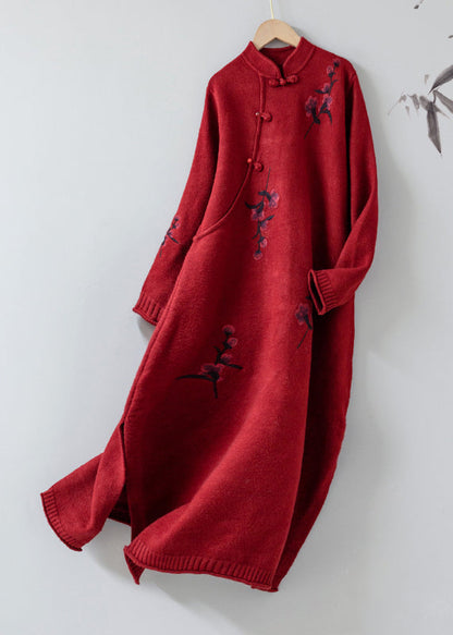 Apricot Stand Collar Embroideried Patchwork Woolen Knit Dress Fall