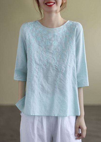 French Navy O-neck Embroideried Cotton Blouses Half Sleeve