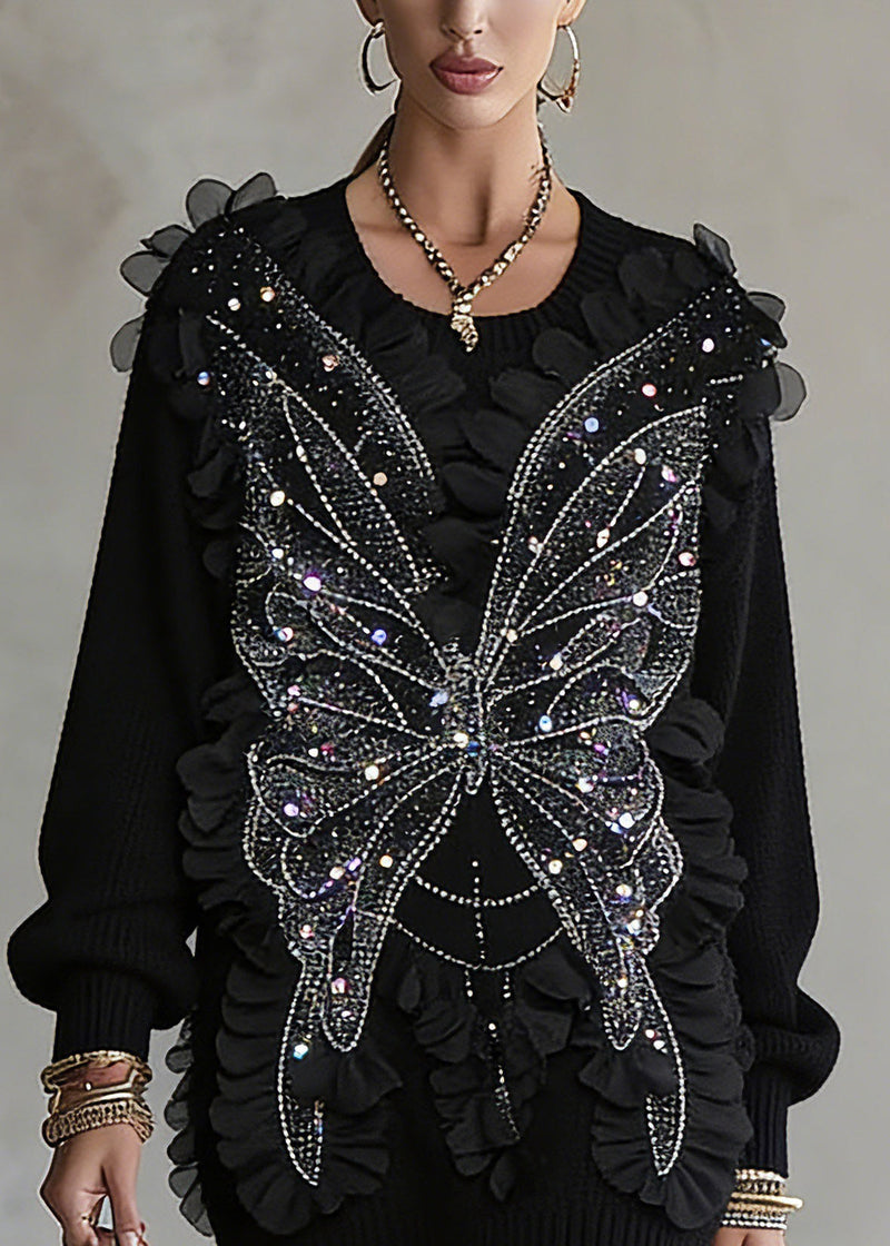 Black O-neck Sequins Top Lantern Sleeve Spring