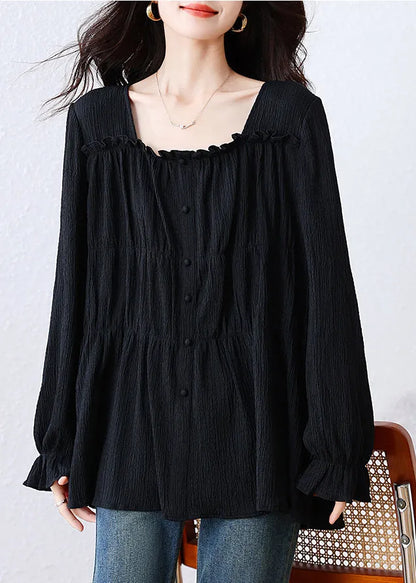 Black Square Collar Wrinkled Cotton Shirt Top Fall