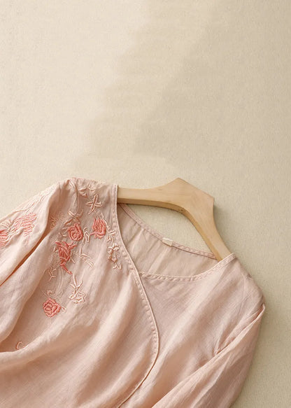 Light Pink Embroideried Side Open Linen Tops Spring