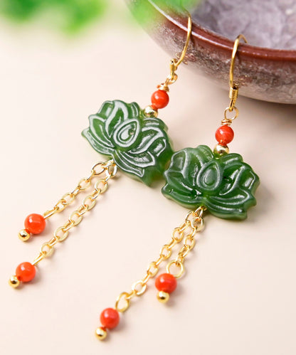 Unique Green Sterling Silver Overgild Inlaid Gem Stone Jade Drop Earrings