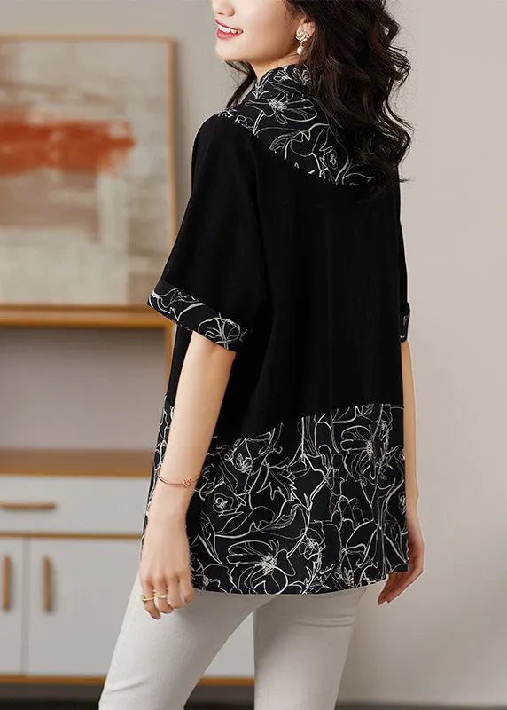 Black Peter Pan Collar Print Patchwork Button Cotton Shirt Short Sleeve