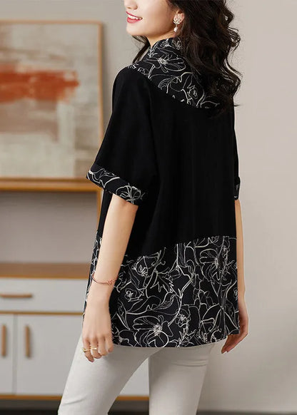 Black Peter Pan Collar Print Patchwork Button Cotton Shirt Short Sleeve