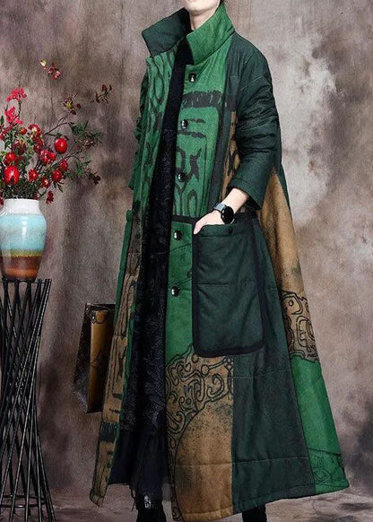 Boutique Green Print Pockets Thick Cotton Winter Long Sleeve Coat