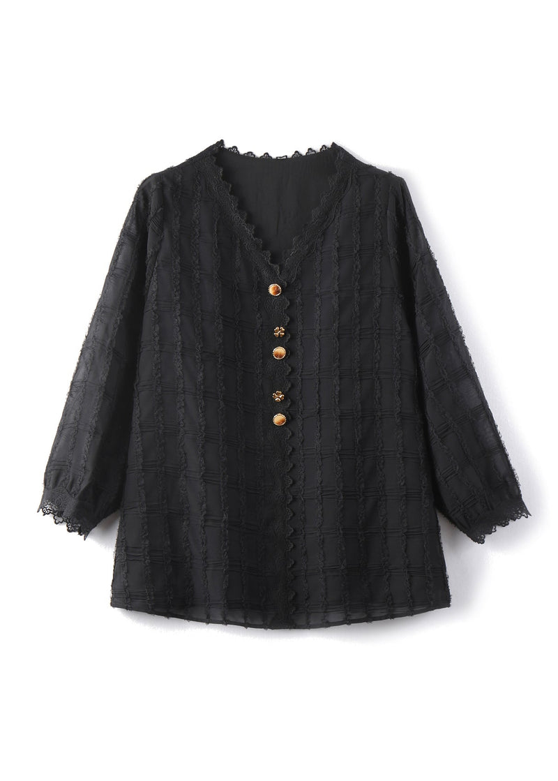 Black V Neck Lace Patchwork Chiffon Shirt Top Fall