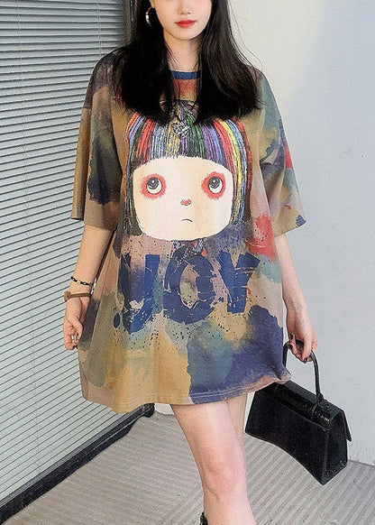 Khaki O Neck Print Cotton T Shirt Half Sleeve