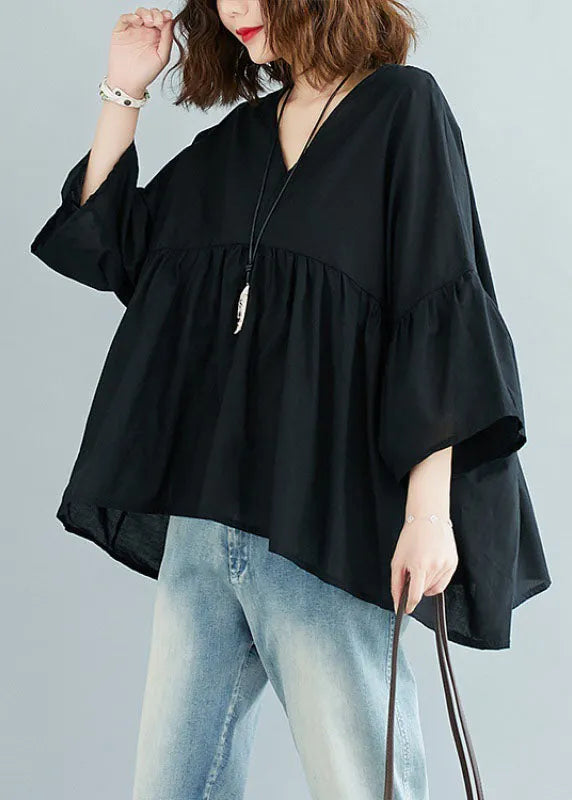 Green Feather V Neck Patchwork Asymmetrical Design Fall Top Three Quarter Sleeve