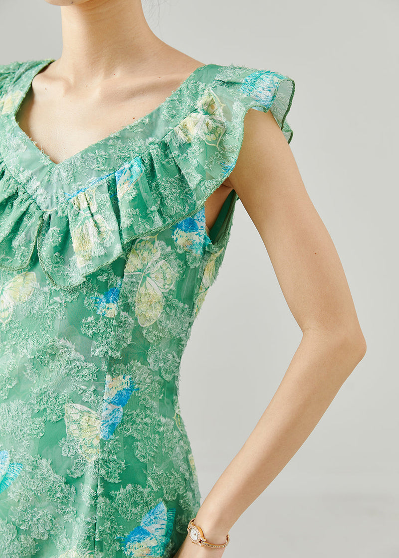 Unique Green Ruffled Butterfly Silk Long Dress Summer