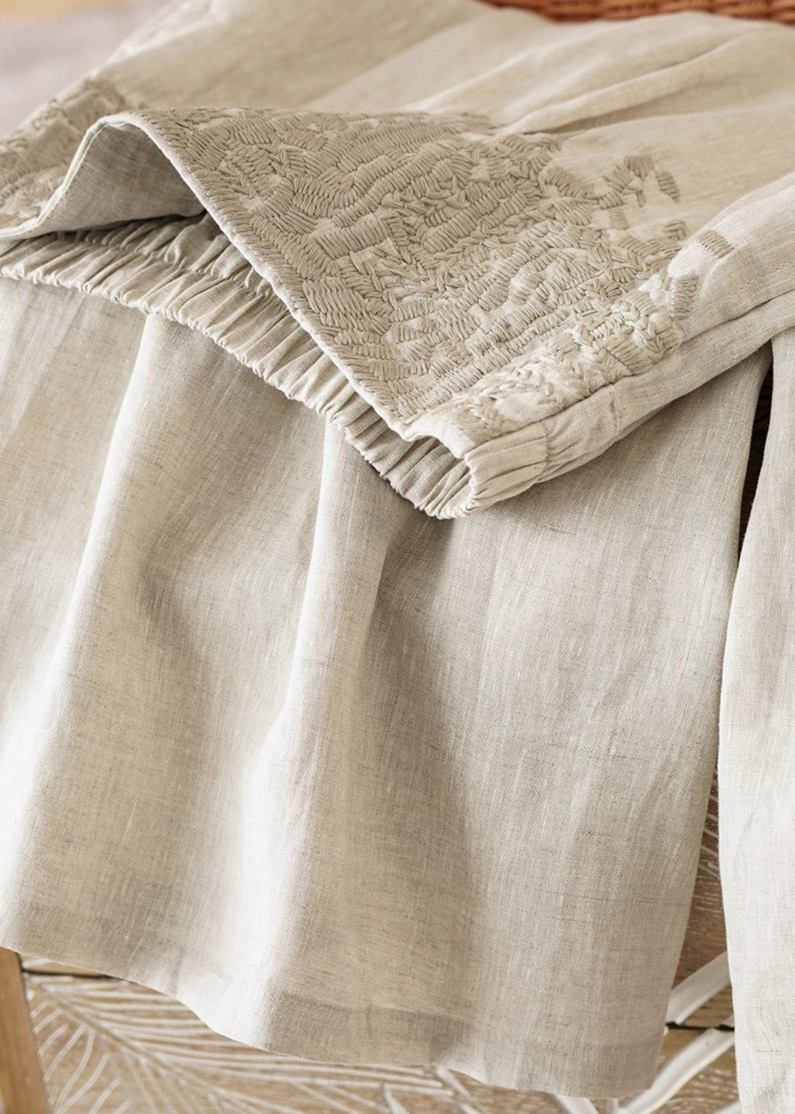Apricot High Waist Embroidered Linen Wide Leg Pants Fall