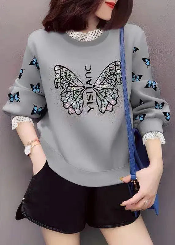 Grey Lace Patchwork Print Fall Sweatshirt Street Wear