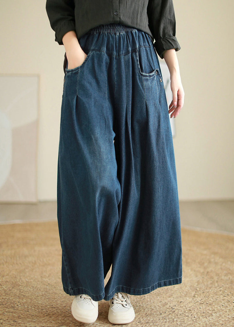 Denim Blue Pockets Elastic Waist Flare Pants Fall
