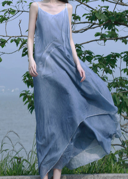 Blue Patchwork Cotton Spaghetti Strap Dress Summer