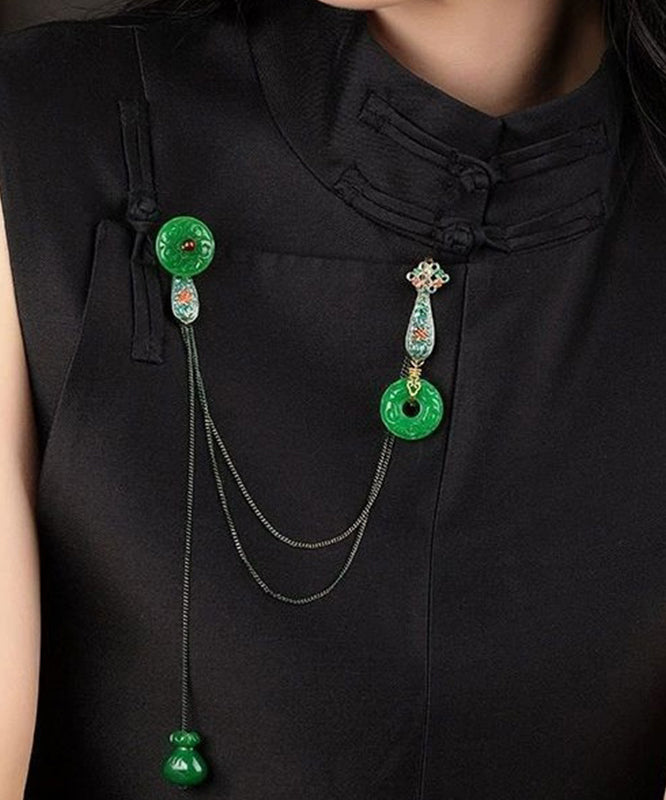 Chinese Style Green Jade Cloisonne Pomegranate Garnet Tassel Brooches