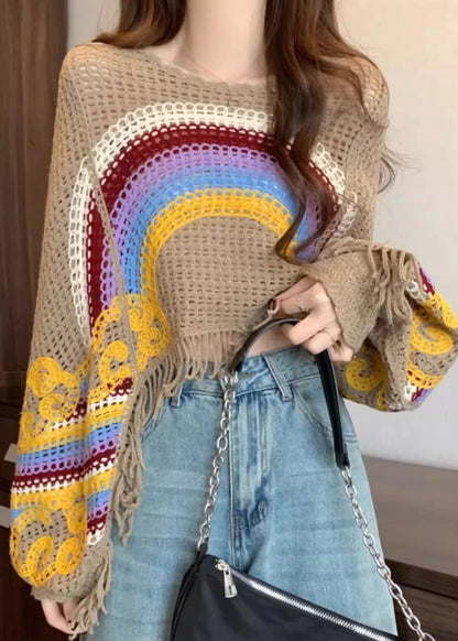 Brown O-neck Tassel Patchwork Knit Tops Fall