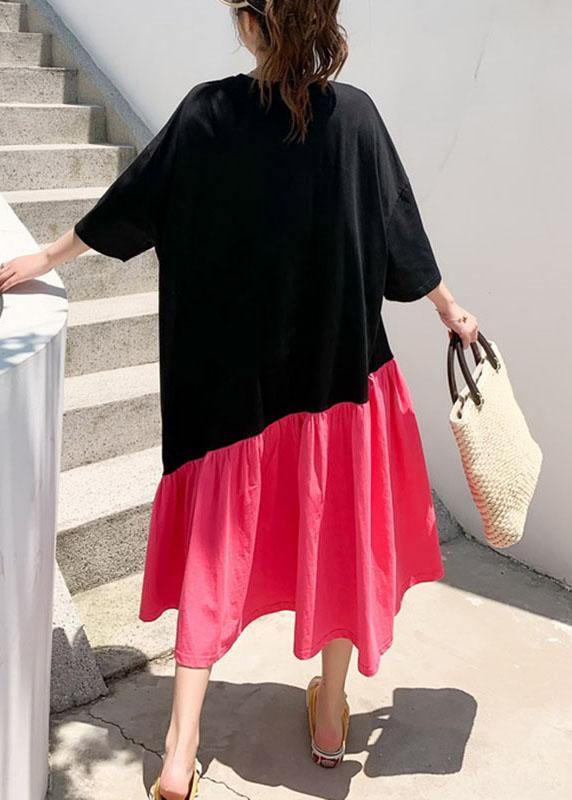 Organic Black Patchwork Rose O-neck Summer Maxi Dress Half Sleeve