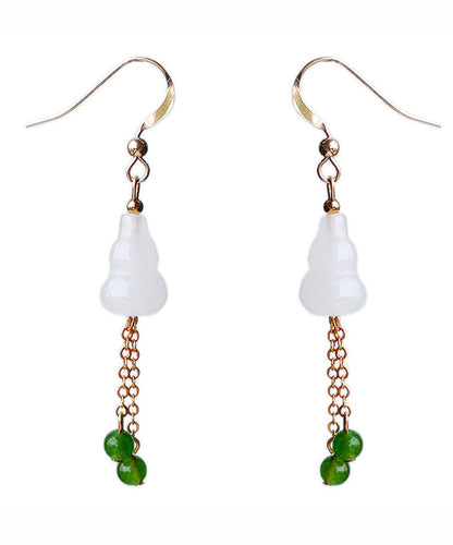 White 14k Gold Jade Gourd Gem Stone Tassel Drop Earrings