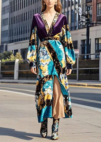 Purple Patchwork Silk Velour Vacation Dresses V Neck Side Open Spring