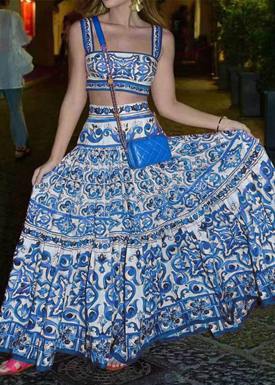 Blue Print Spaghetti Strap Tank and Skirts Two Pieces Set Sleeveless