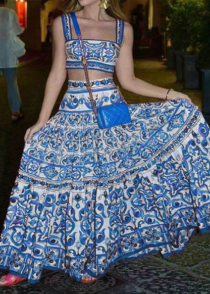 Blue Print Spaghetti Strap Tank and Skirts Two Pieces Set Sleeveless