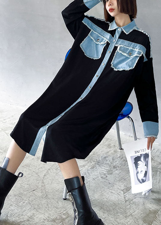 Black Pockets Patchwork Button Fall Dresses Long Sleeve