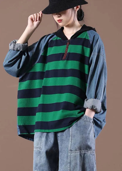 Hooded Sring Shirts Green Striped Tops