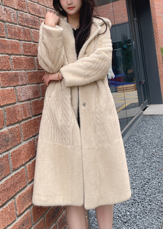 Modern Beige Patchwork Button Leather and Fur Maxi Hoodie Coat Winter