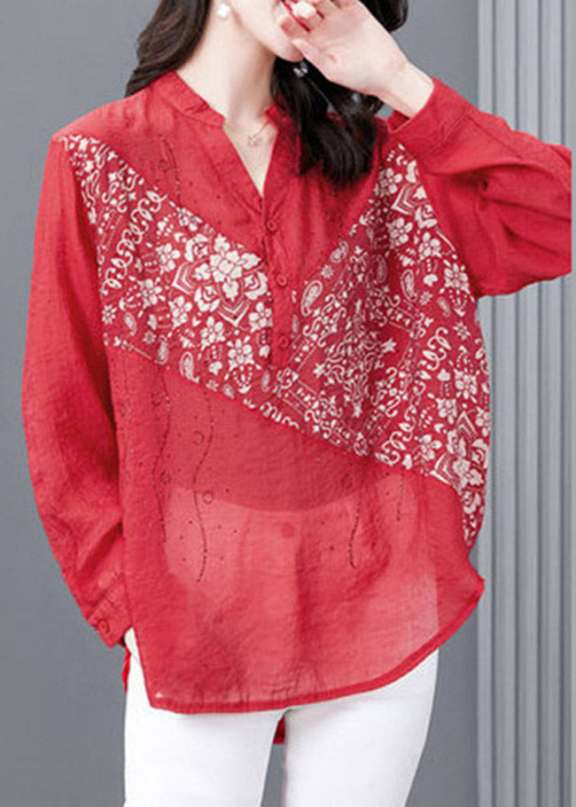 Red V Neck Print Button Diamonds Chiffon Tops Long Sleeve