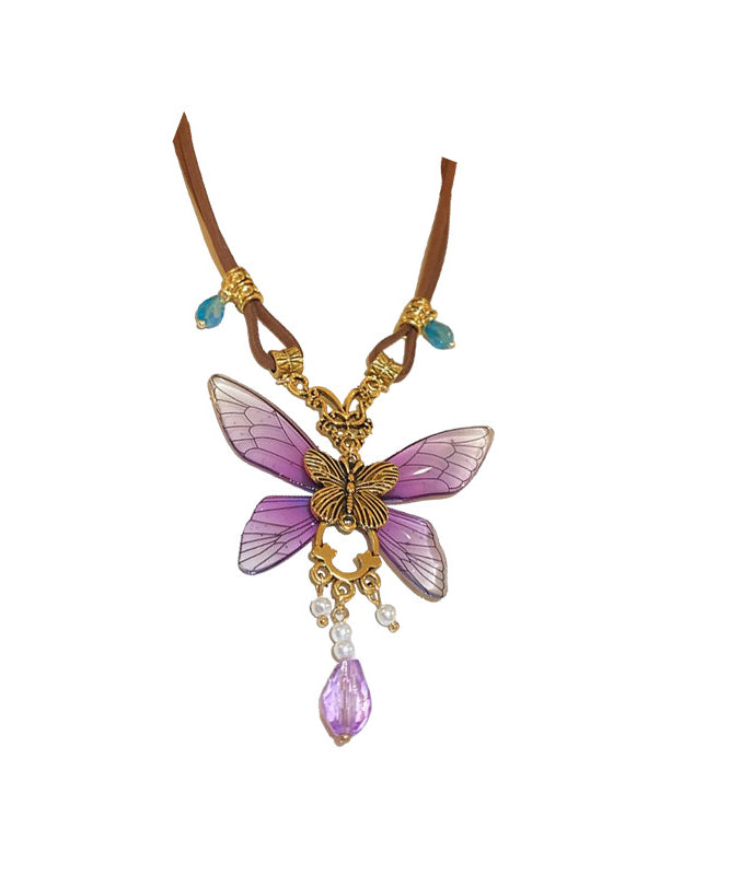 Purple Sterling Silver Alloy Crystal Butterfly Pendant Necklace