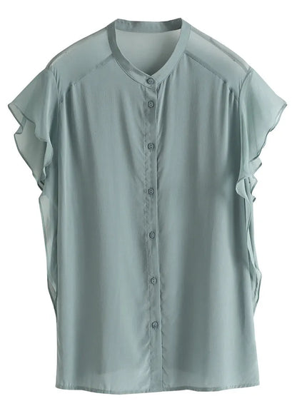 Brief Haze Blue Stand Collar Button Silk Shirt Short Sleeve