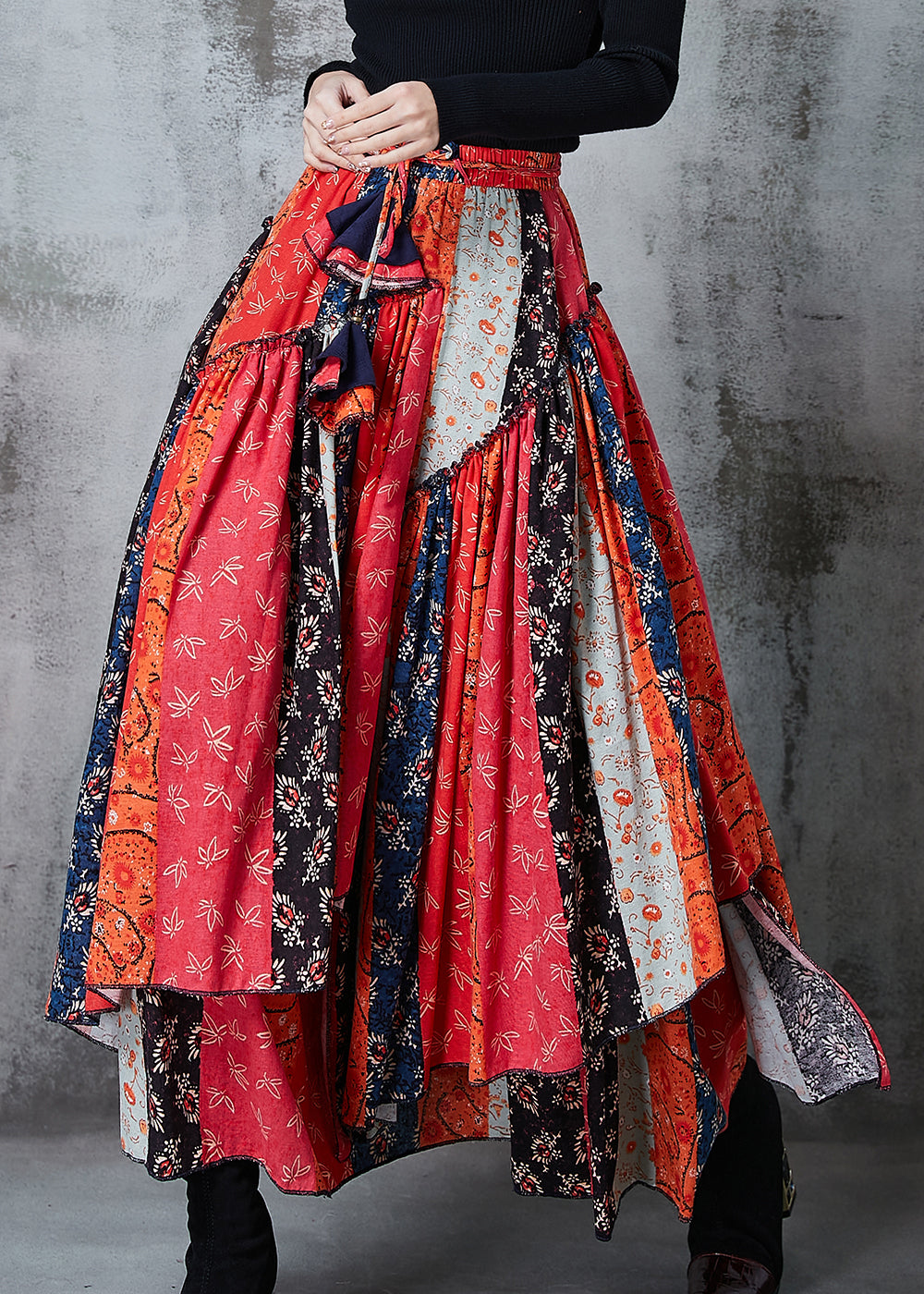 Red Asymmetrical Patchwork Cotton Skirt Spring
