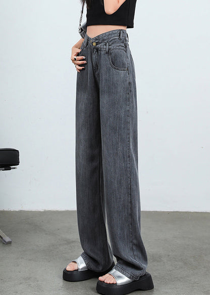Grey Button High Waist Denim Pants Spring