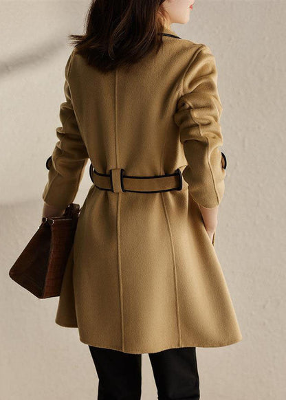 Black Notched Patchwork Pockets Tie Waist Woolen Coats Fall