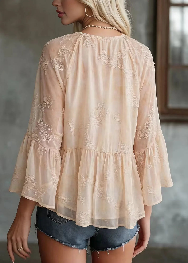 Yellow V Neck Patchwork Chiffon Top Bracelet Sleeve