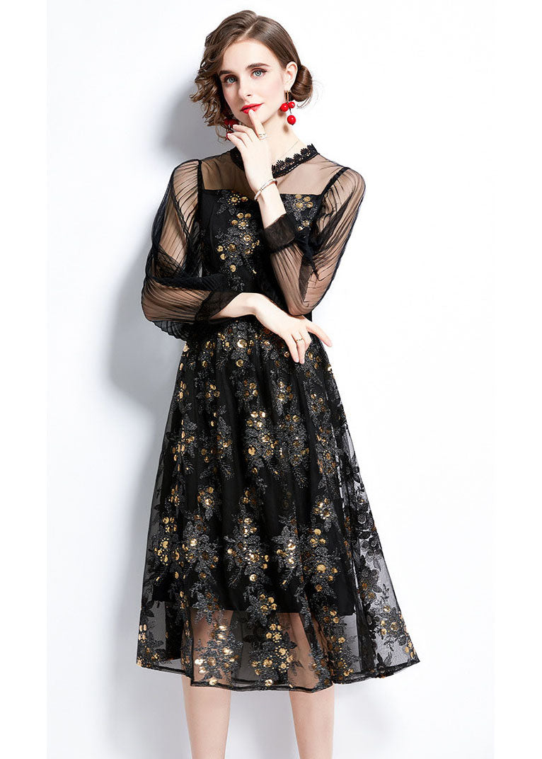 Black Embroideried Sequins Patchwork Hollow Out Tulle Dress Fall