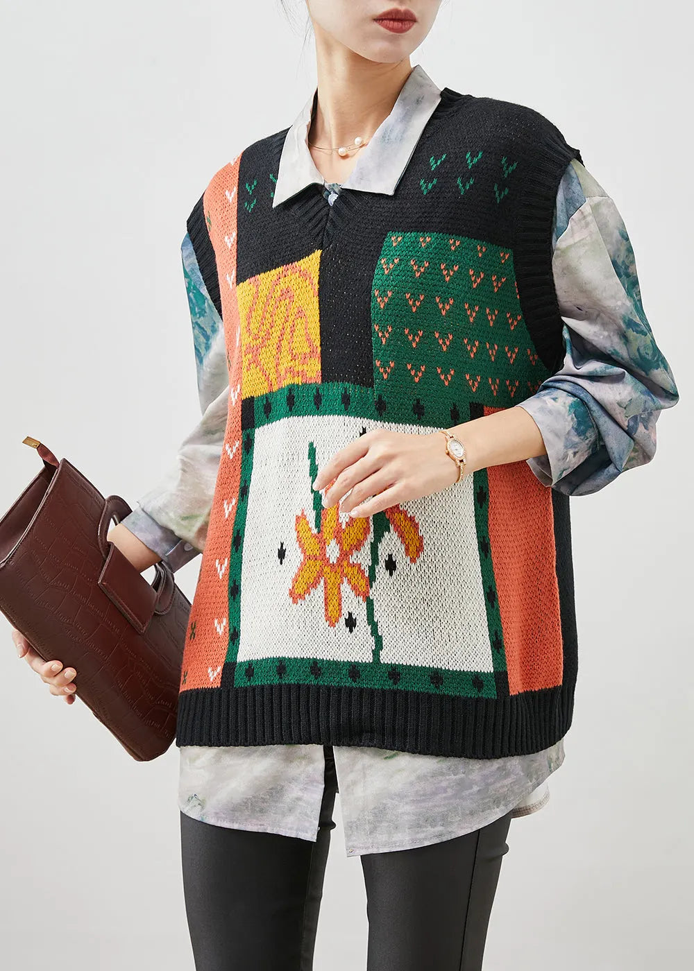 Black V Neck Print Thick Knit Pullover Spring