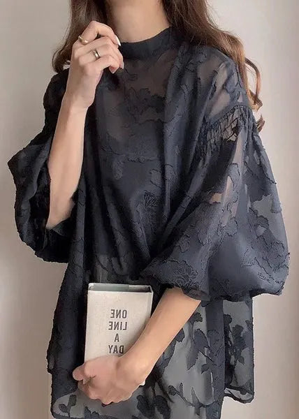French Black Stand Collar Jacquard Chiffon Top Fall