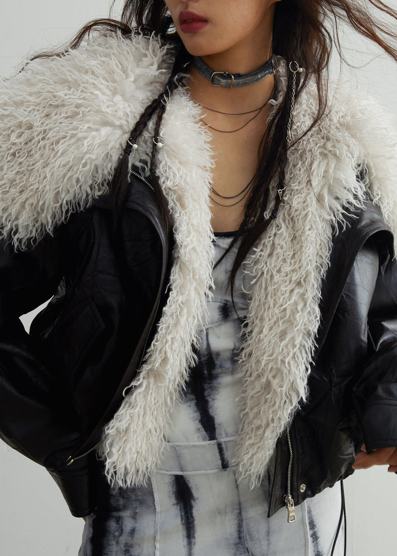Black Fur Collar Patchwork Detachable Pu Jacket Winter