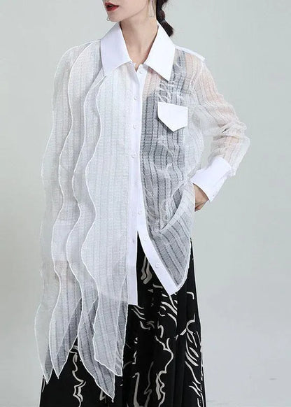 Boutique Black Peter Pan Collar Patchwork Asymmetrical Design Shirt Long Sleeve
