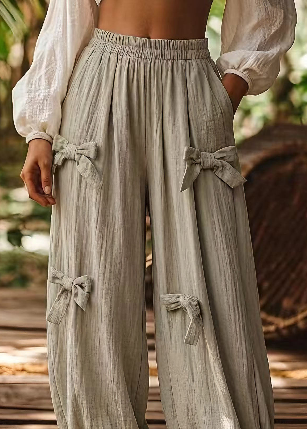 Green Pockets Bow Elastic Waist Cotton Pants Summer