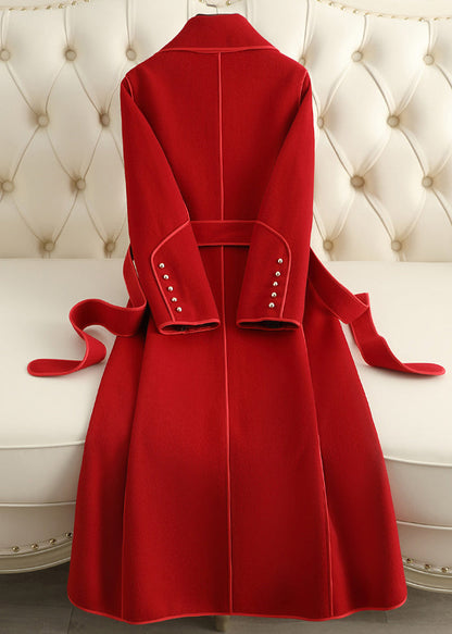 Red Notched Tie Waist Woolen Long Coats Fall