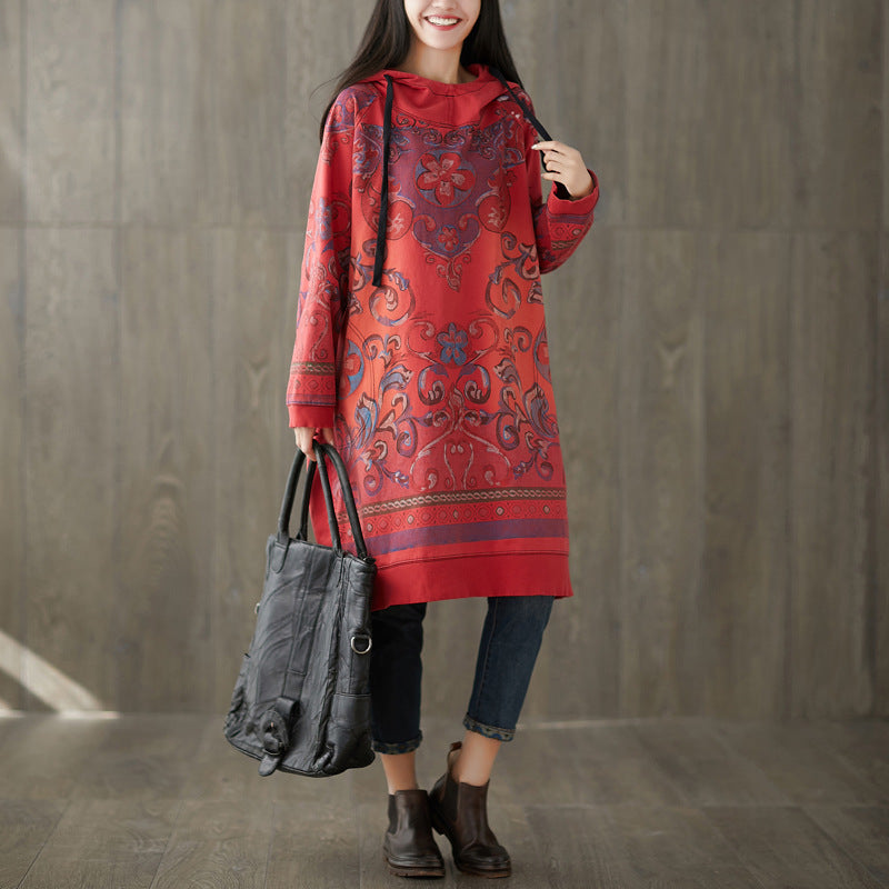 Yellow Hooded Side Open Print Sweatshirt Dresses Spring