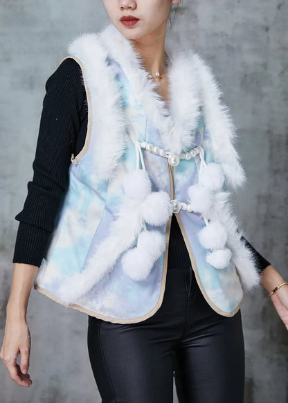 Blue Fuzzy Ball Decorated Patchwork Cotton Vest Tops Spring