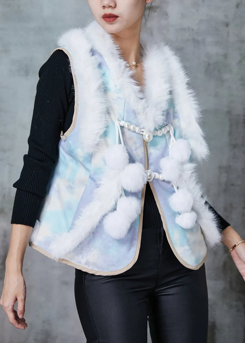 Blue Fuzzy Ball Decorated Patchwork Cotton Vest Tops Spring