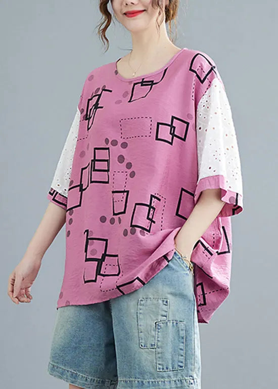 Modern Pink O-neck Hollow Out Print Patchwork Tank Tops Short Sleeve